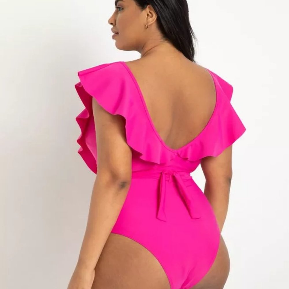 COPY - new eloquii pink drama sleeve neoprene swimsuit 18 22